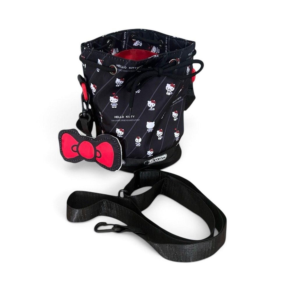 LeSportsac Hello Kitty Sanrio Mini Bucket Crossbody Bag Bow Charm Black Red